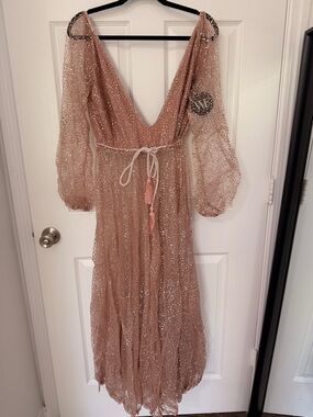 White Fox Boutique Rose Gold Sequin Maxi Dress with Sheer Bishop Sleeves